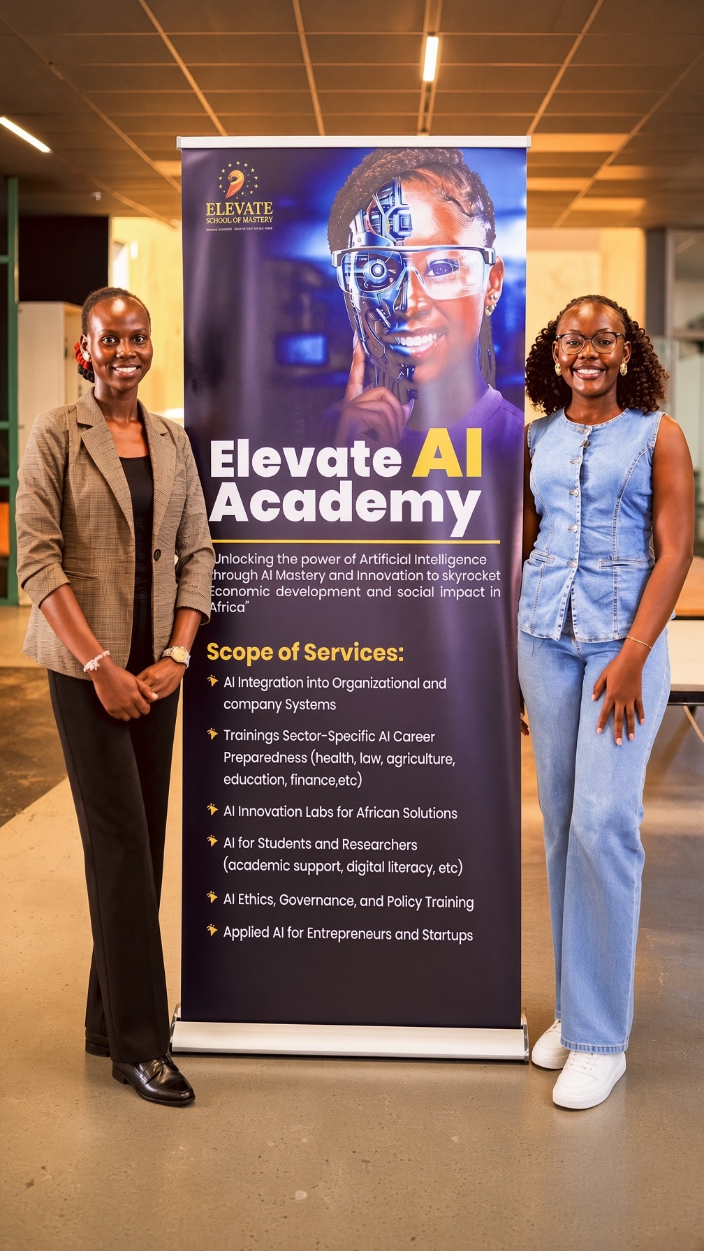 Two Elevate AI Academy leaders standing beside the Academy services banner